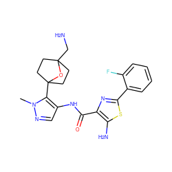 Cn1ncc(NC(=O)c2nc(-c3ccccc3F)sc2N)c1C12CCC(CN)(CC1)O2 ZINC000221406014