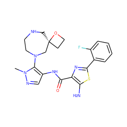 Cn1ncc(NC(=O)c2nc(-c3ccccc3F)sc2N)c1N1CCNC[C@]2(CCO2)C1 ZINC000169699524