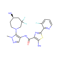 Cn1ncc(NC(=O)c2nc(-c3ncccc3F)sc2N)c1N1CC[C@@H](N)CC(F)(F)C1 ZINC000169699338