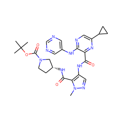 Cn1ncc(NC(=O)c2nc(C3CC3)cnc2Nc2cncnc2)c1C(=O)N[C@@H]1CCN(C(=O)OC(C)(C)C)C1 ZINC000169701853