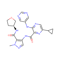 Cn1ncc(NC(=O)c2nc(C3CC3)cnc2Nc2cncnc2)c1C(=O)N[C@H]1CCOC1 ZINC000147897798