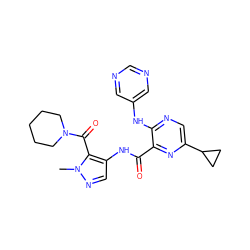 Cn1ncc(NC(=O)c2nc(C3CC3)cnc2Nc2cncnc2)c1C(=O)N1CCCCC1 ZINC000169701790