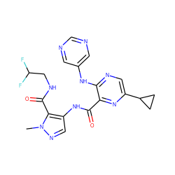 Cn1ncc(NC(=O)c2nc(C3CC3)cnc2Nc2cncnc2)c1C(=O)NCC(F)F ZINC000169701768