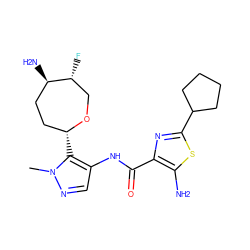 Cn1ncc(NC(=O)c2nc(C3CCCC3)sc2N)c1[C@@H]1CC[C@@H](N)[C@H](F)CO1 ZINC000216890309