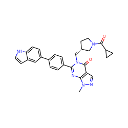 Cn1ncc2c(=O)n(C[C@@H]3CCN(C(=O)C4CC4)C3)c(-c3ccc(-c4ccc5[nH]ccc5c4)cc3)nc21 ZINC000167369080