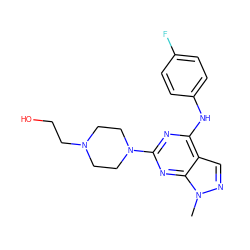 Cn1ncc2c(Nc3ccc(F)cc3)nc(N3CCN(CCO)CC3)nc21 ZINC000020732464