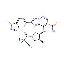 Cn1ncc2cc(-c3cn4ncc(C(N)=O)c(N[C@@H]5CN(C(=O)C6(C#N)CC6)C[C@@H]5CF)c4n3)ccc21 ZINC001772600392