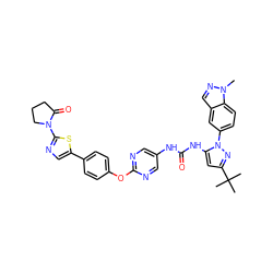 Cn1ncc2cc(-n3nc(C(C)(C)C)cc3NC(=O)Nc3cnc(Oc4ccc(-c5cnc(N6CCCC6=O)s5)cc4)nc3)ccc21 ZINC000223442476