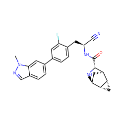 Cn1ncc2ccc(-c3ccc(C[C@@H](C#N)NC(=O)[C@H]4N[C@H]5C[C@@H]4[C@@H]4C[C@H]54)c(F)c3)cc21 ZINC000219295822