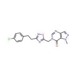 Cn1ncc2ncn(Cc3nc(CCc4ccc(Cl)cc4)no3)c(=O)c21 ZINC000653745119