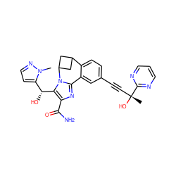 Cn1nccc1[C@@H](O)c1c(C(N)=O)nc2n1C1CC(C1)c1ccc(C#C[C@@](C)(O)c3ncccn3)cc1-2 ZINC000219420792