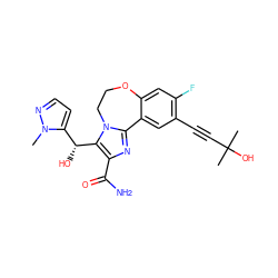 Cn1nccc1[C@@H](O)c1c(C(N)=O)nc2n1CCOc1cc(F)c(C#CC(C)(C)O)cc1-2 ZINC000219426269