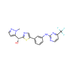 Cn1nccc1[C@@H](O)c1ncc(-c2cccc(Nc3nccc(C(F)(F)F)n3)c2)s1 ZINC000141513743