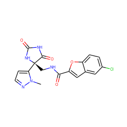 Cn1nccc1[C@]1(CNC(=O)c2cc3cc(Cl)ccc3o2)NC(=O)NC1=O ZINC000299839670