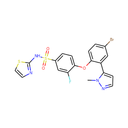 Cn1nccc1-c1cc(Br)ccc1Oc1ccc(S(=O)(=O)Nc2nccs2)cc1F ZINC000095585021