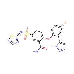 Cn1nccc1-c1cc(Br)ccc1Oc1ccc(S(=O)(=O)Nc2ncns2)cc1C(N)=O ZINC000095584217