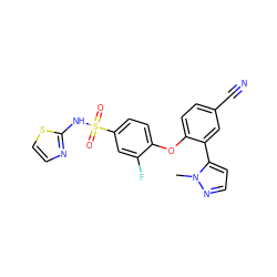 Cn1nccc1-c1cc(C#N)ccc1Oc1ccc(S(=O)(=O)Nc2nccs2)cc1F ZINC000095581526