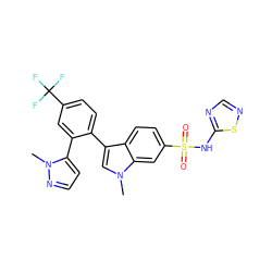 Cn1nccc1-c1cc(C(F)(F)F)ccc1-c1cn(C)c2cc(S(=O)(=O)Nc3ncns3)ccc12 ZINC000096921725