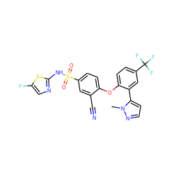 Cn1nccc1-c1cc(C(F)(F)F)ccc1Oc1ccc(S(=O)(=O)Nc2ncc(F)s2)cc1C#N ZINC000095583058