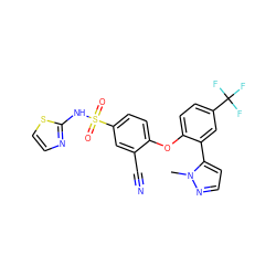 Cn1nccc1-c1cc(C(F)(F)F)ccc1Oc1ccc(S(=O)(=O)Nc2nccs2)cc1C#N ZINC000095584166