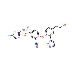 Cn1nccc1-c1cc(CCO)ccc1Oc1ccc(S(=O)(=O)Nc2ncc(F)s2)cc1C#N ZINC000095582231