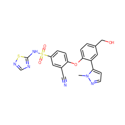 Cn1nccc1-c1cc(CO)ccc1Oc1ccc(S(=O)(=O)Nc2ncns2)cc1C#N ZINC000095580868