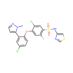 Cn1nccc1-c1cc(Cl)ccc1Oc1cc(F)c(S(=O)(=O)Nc2cscn2)cc1Cl ZINC000095584956
