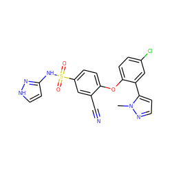 Cn1nccc1-c1cc(Cl)ccc1Oc1ccc(S(=O)(=O)Nc2cc[nH]n2)cc1C#N ZINC000095582918