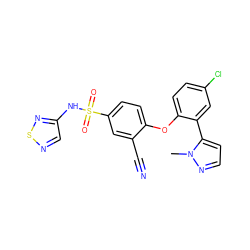 Cn1nccc1-c1cc(Cl)ccc1Oc1ccc(S(=O)(=O)Nc2cnsn2)cc1C#N ZINC000095584931
