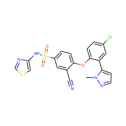 Cn1nccc1-c1cc(Cl)ccc1Oc1ccc(S(=O)(=O)Nc2cscn2)cc1C#N ZINC000095583589