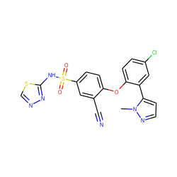 Cn1nccc1-c1cc(Cl)ccc1Oc1ccc(S(=O)(=O)Nc2nncs2)cc1C#N ZINC000095581005