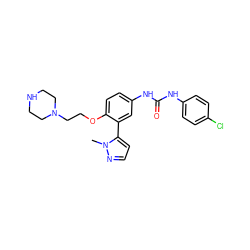 Cn1nccc1-c1cc(NC(=O)Nc2ccc(Cl)cc2)ccc1OCCN1CCNCC1 ZINC000045252923