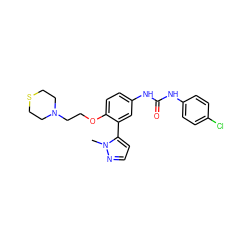 Cn1nccc1-c1cc(NC(=O)Nc2ccc(Cl)cc2)ccc1OCCN1CCSCC1 ZINC000045322570