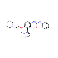 Cn1nccc1-c1cc(NC(=O)Nc2ccc(F)cc2)ccc1OCCN1CCCCC1 ZINC000045254099