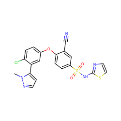 Cn1nccc1-c1cc(Oc2ccc(S(=O)(=O)Nc3nccs3)cc2C#N)ccc1Cl ZINC000095582049