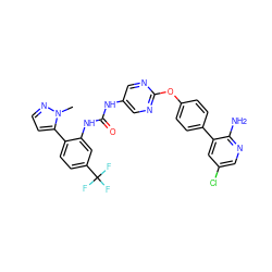 Cn1nccc1-c1ccc(C(F)(F)F)cc1NC(=O)Nc1cnc(Oc2ccc(-c3cc(Cl)cnc3N)cc2)nc1 ZINC000221114804