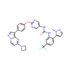 Cn1nccc1-c1ccc(C(F)(F)F)cc1NC(=O)Nc1cnc(Oc2ccc(-c3cnn4ccc(N5CCC5)nc34)cc2)nc1 ZINC001772615340