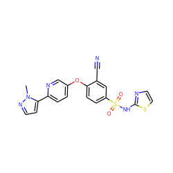 Cn1nccc1-c1ccc(Oc2ccc(S(=O)(=O)Nc3nccs3)cc2C#N)cn1 ZINC000095584988