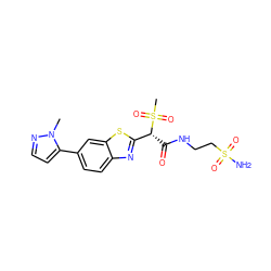 Cn1nccc1-c1ccc2nc([C@@H](C(=O)NCCS(N)(=O)=O)S(C)(=O)=O)sc2c1 ZINC000145498144