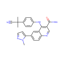 Cn1nccc1-c1ccc2ncc(C(N)=O)c(Nc3ccc(C(C)(C)C#N)cc3)c2c1 ZINC000653754324