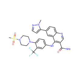 Cn1nccc1-c1ccc2ncc(C(N)=O)c(Nc3ccc(N4CCN(S(C)(=O)=O)CC4)c(C(F)(F)F)c3)c2c1 ZINC000653762738