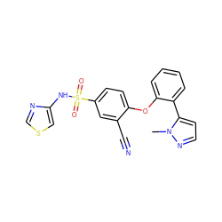 Cn1nccc1-c1ccccc1Oc1ccc(S(=O)(=O)Nc2cscn2)cc1C#N ZINC000095584307