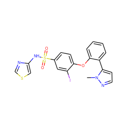 Cn1nccc1-c1ccccc1Oc1ccc(S(=O)(=O)Nc2cscn2)cc1I ZINC000095585627