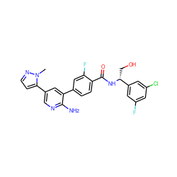 Cn1nccc1-c1cnc(N)c(-c2ccc(C(=O)N[C@H](CO)c3cc(F)cc(Cl)c3)c(F)c2)c1 ZINC001772644783