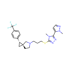 Cn1nccc1-c1nnc(SCCCN2CC[C@]3(C[C@@H]3c3ccc(C(F)(F)F)cc3)C2)n1C ZINC001772620264