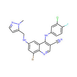 Cn1nccc1CNc1cc(Br)c2ncc(C#N)c(Nc3ccc(F)c(Cl)c3)c2c1 ZINC000014977395