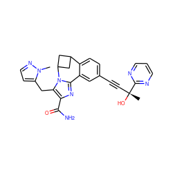 Cn1nccc1Cc1c(C(N)=O)nc2n1C1CC(C1)c1ccc(C#C[C@@](C)(O)c3ncccn3)cc1-2 ZINC000219471526