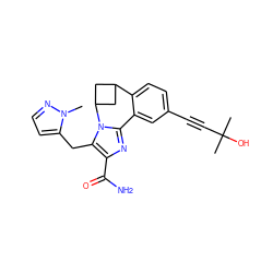 Cn1nccc1Cc1c(C(N)=O)nc2n1C1CC(C1)c1ccc(C#CC(C)(C)O)cc1-2 ZINC000219510144