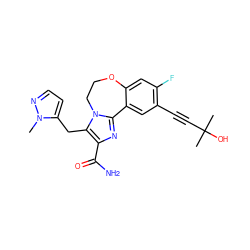 Cn1nccc1Cc1c(C(N)=O)nc2n1CCOc1cc(F)c(C#CC(C)(C)O)cc1-2 ZINC000215769400