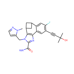 Cn1nccc1Cn1c(C(N)=O)nc2c1C1CC(C1)c1cc(F)c(C#CC(C)(C)O)cc1-2 ZINC000215772798